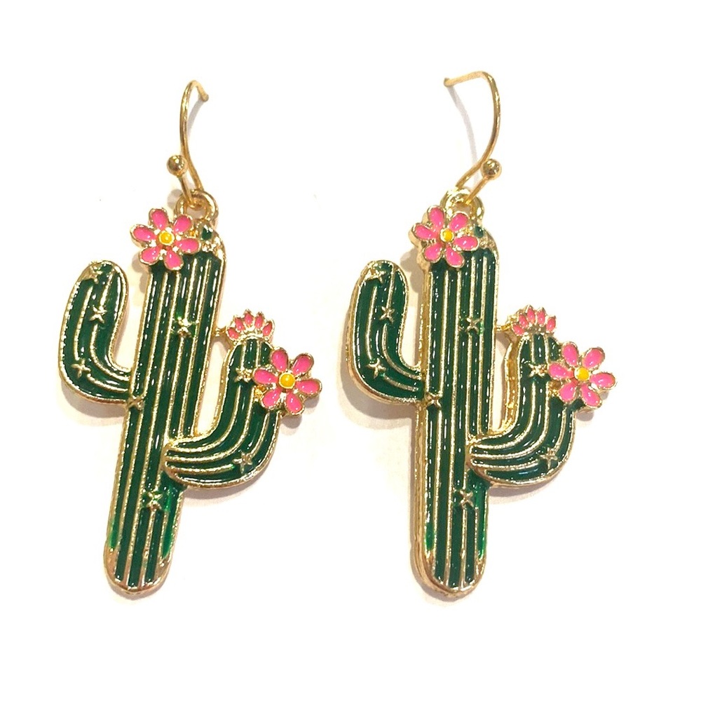 Cactus Earrings Green Pink Flowers Gold Tone